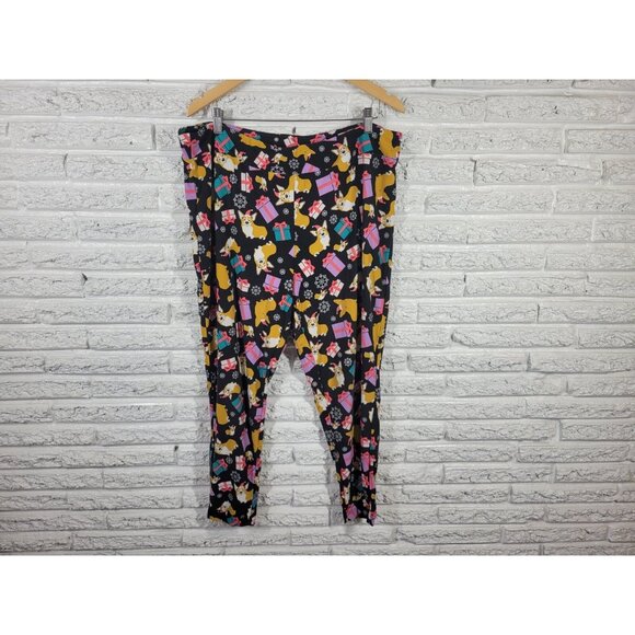 Christmas Terra Sky Womens Pants 2X Plus Pajama Corgi Dog Black NOV252E - Picture 1 of 11